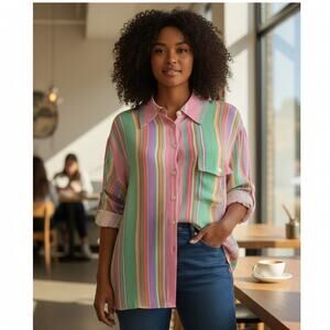 Lauren Ralph Lauren Silk Shirt Plus Size 20W Multicolor Striped Tab Long Sleeve